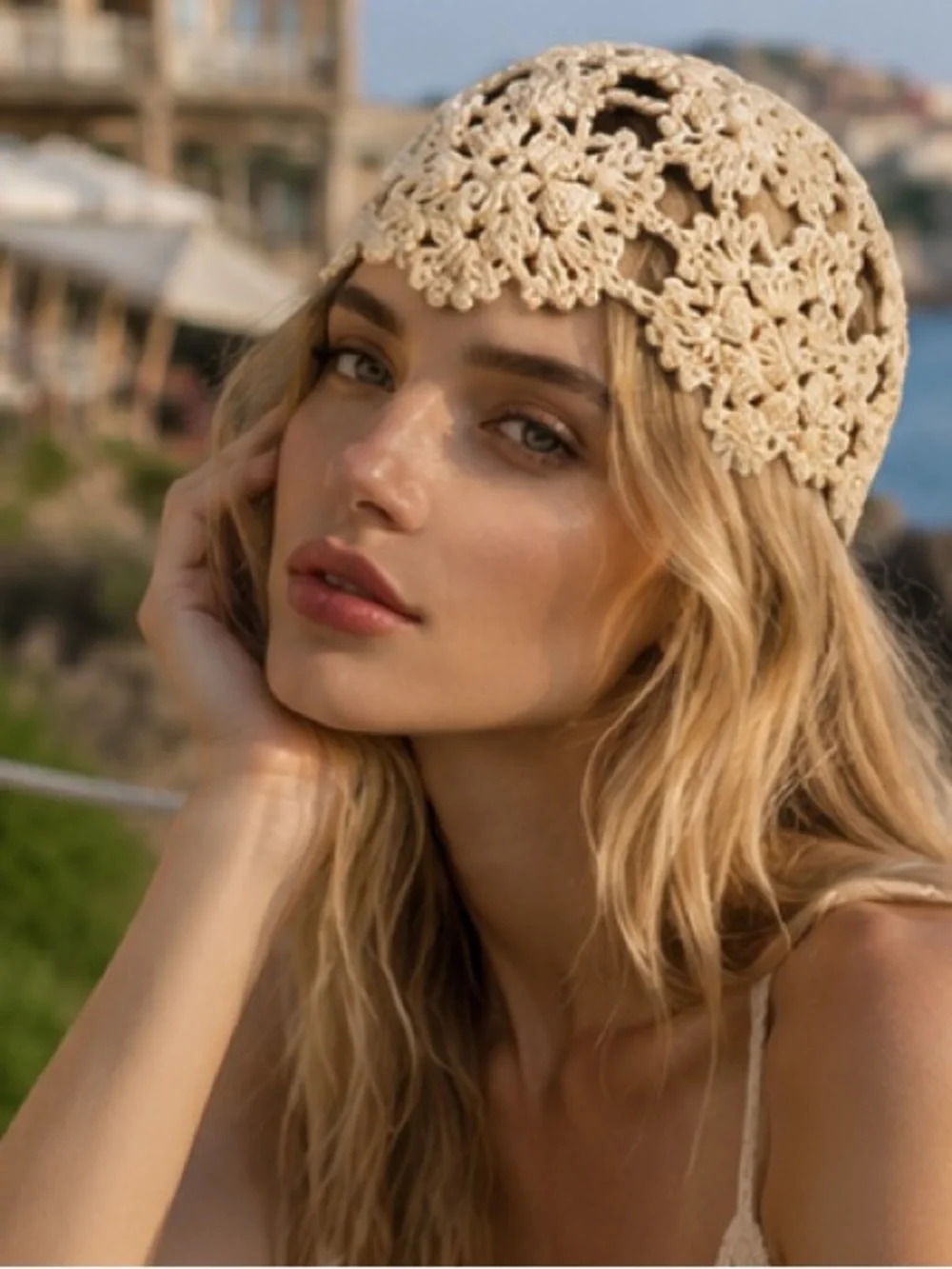 Crochet Knit Beanie Hat - Cream Women's Accessory